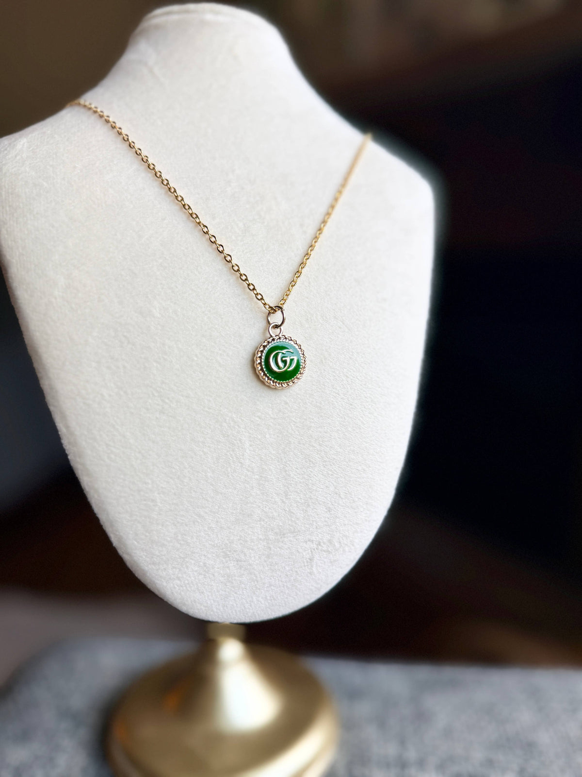 Kelly Green and Gold Upcycled Designer Pendant Necklace