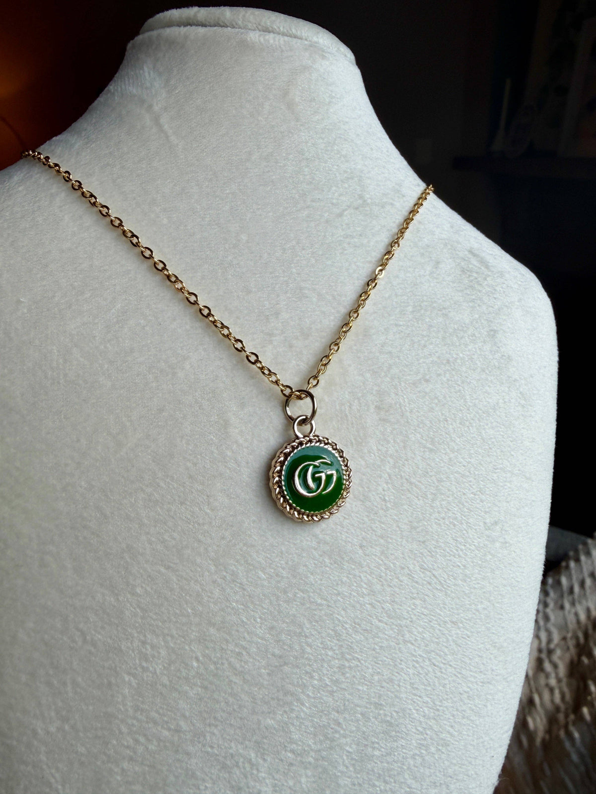 Kelly Green and Gold Upcycled Designer Pendant Necklace