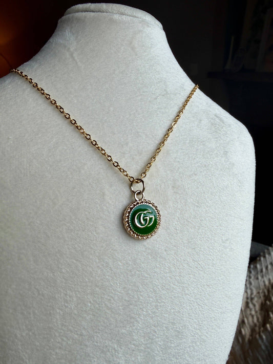 Kelly Green and Gold Upcycled Designer Pendant Necklace