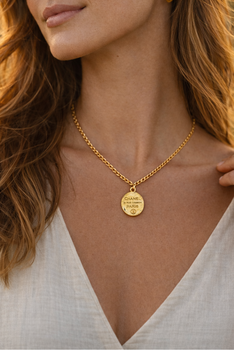 Upcycled Designer Gold Paris Oval Pendant Necklace