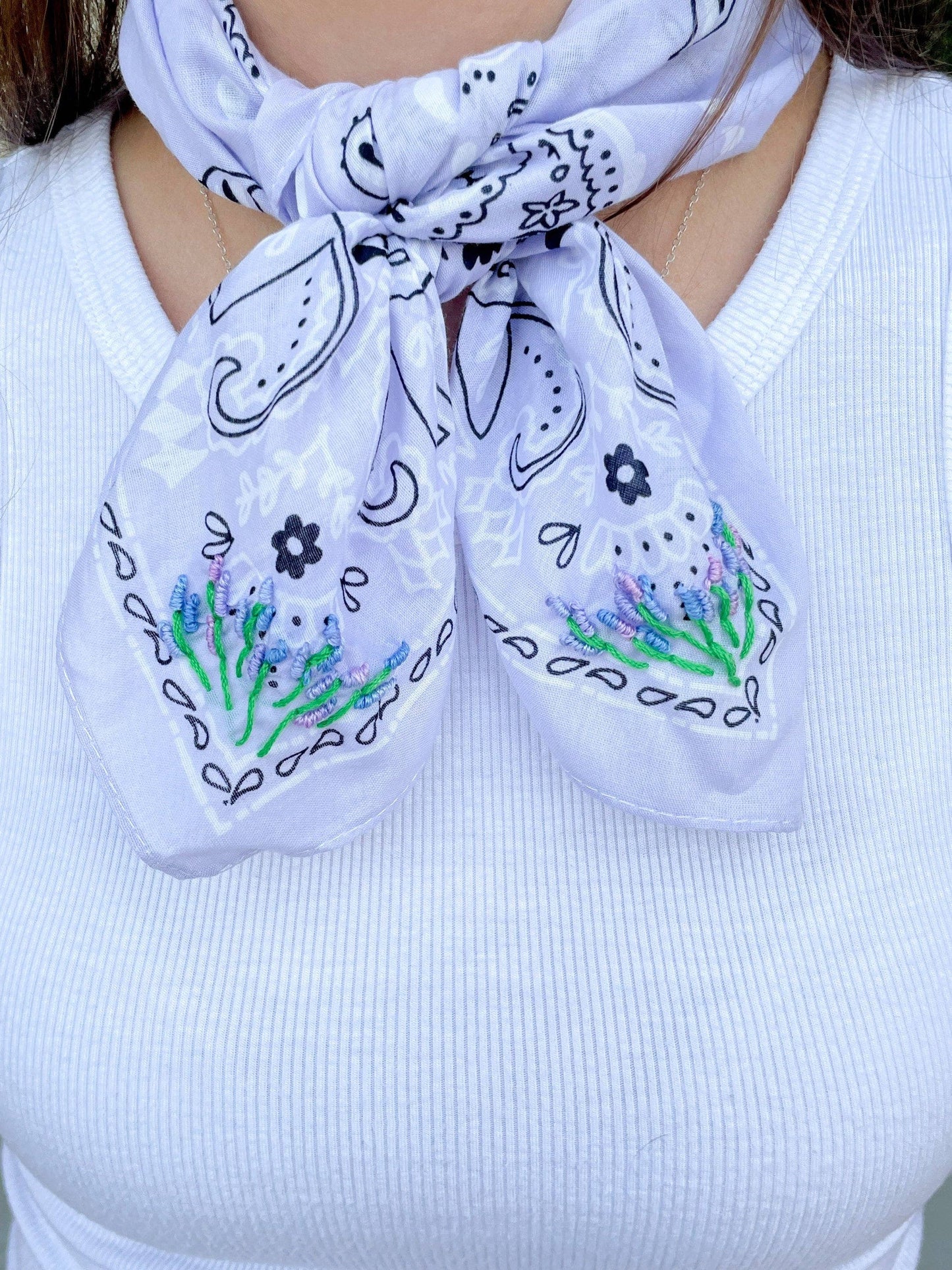 Purple Bandana With Embroidered Lavender Flowers