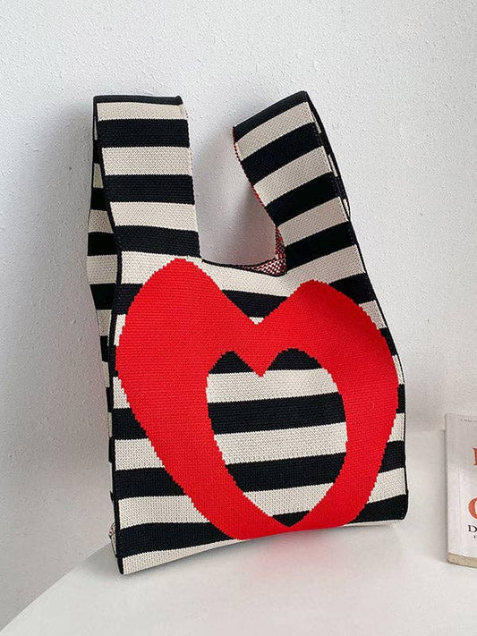 Black and White Striped with Red Heart Bag