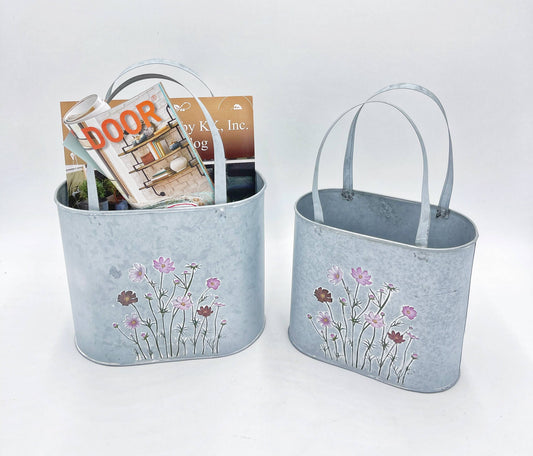 Metal Oval Bucket with Embossed Flowers